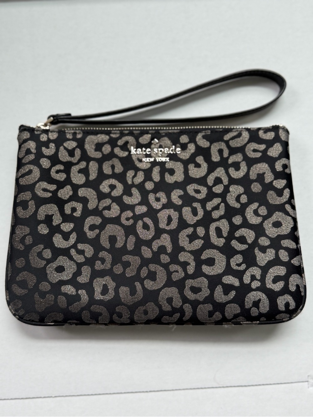 Kate Spade New York Metallic Leopard Wristlet Clutch Black Animal Print Pouch